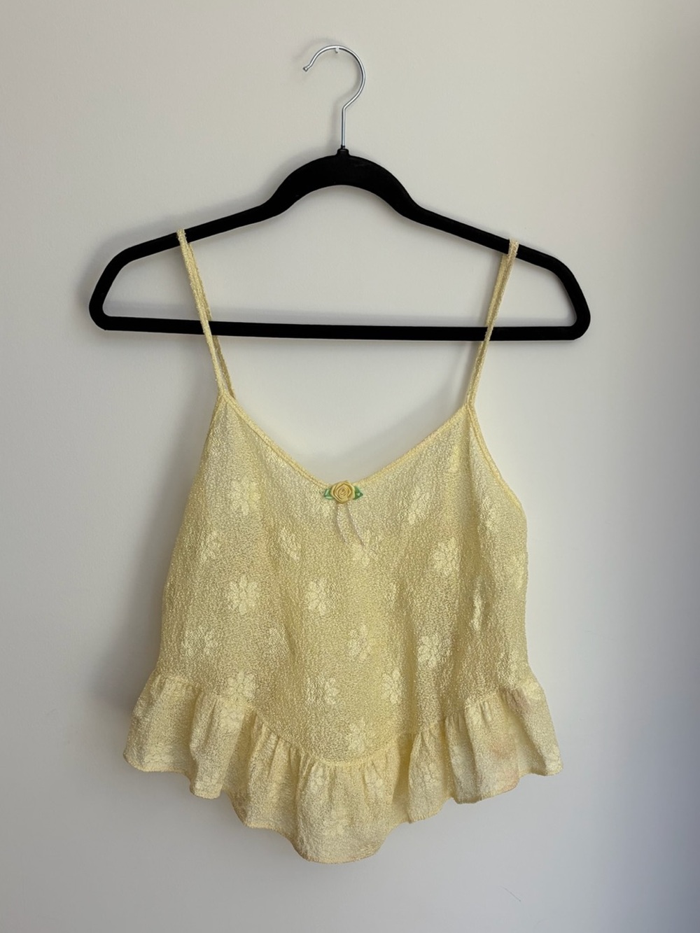 Vintage Yellow Floral Rosette Ruffle Cami Sheer Tank Top